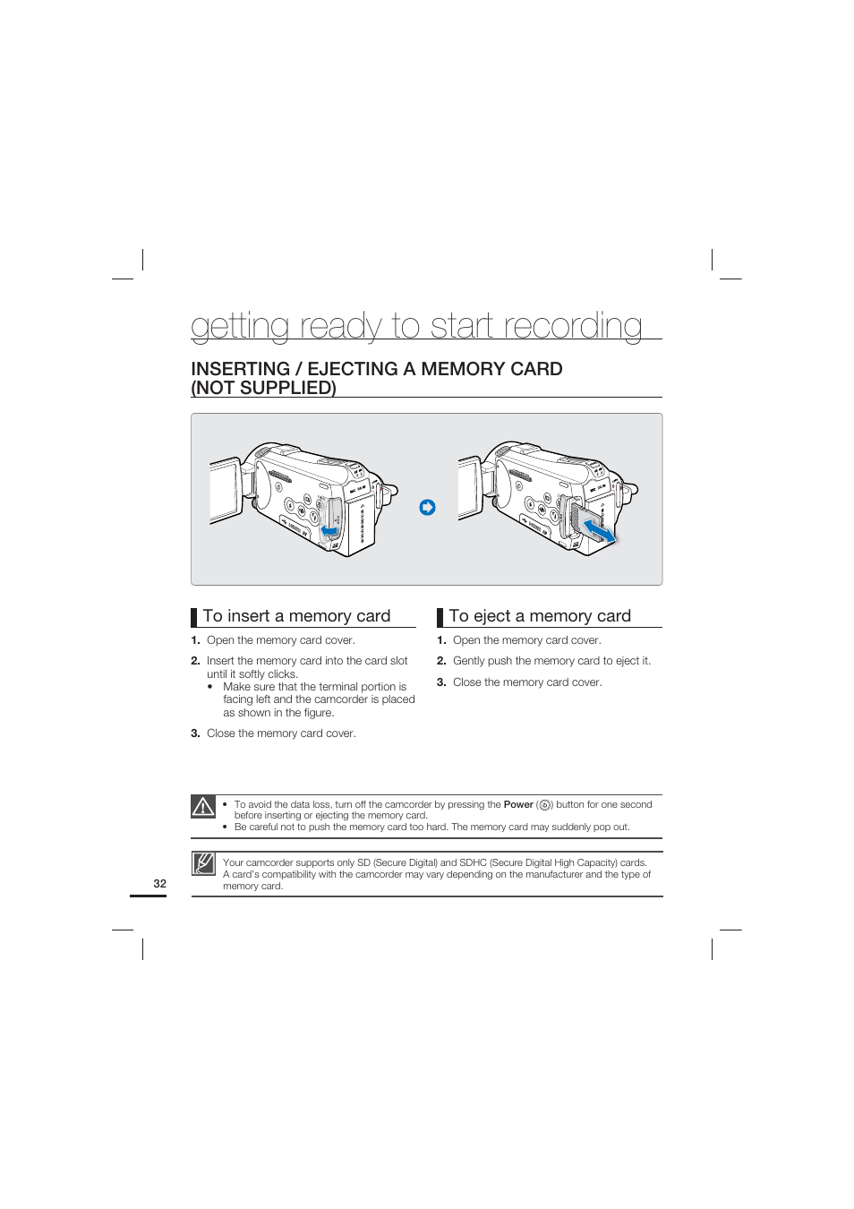 Inserting / ejecting a memory card (not supplied), Getting ready to start recording | Samsung HMX-S10 User Manual | Page 42 / 165