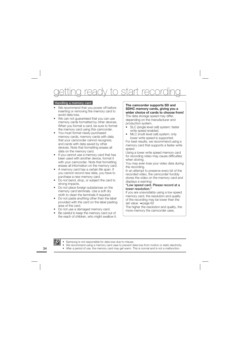 Getting ready to start recording | Samsung HMX-S10 User Manual | Page 44 / 165