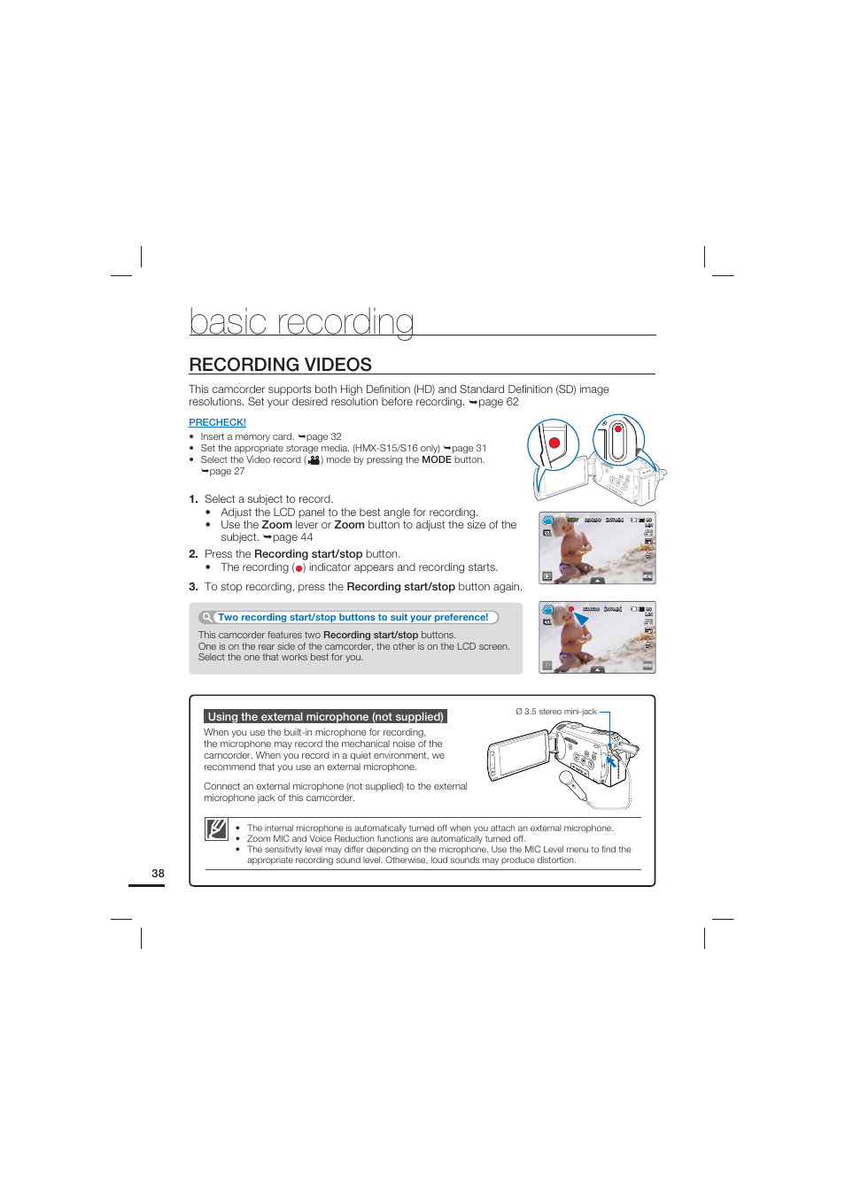 Basic recording, Recording videos | Samsung HMX-S10 User Manual | Page 48 / 165