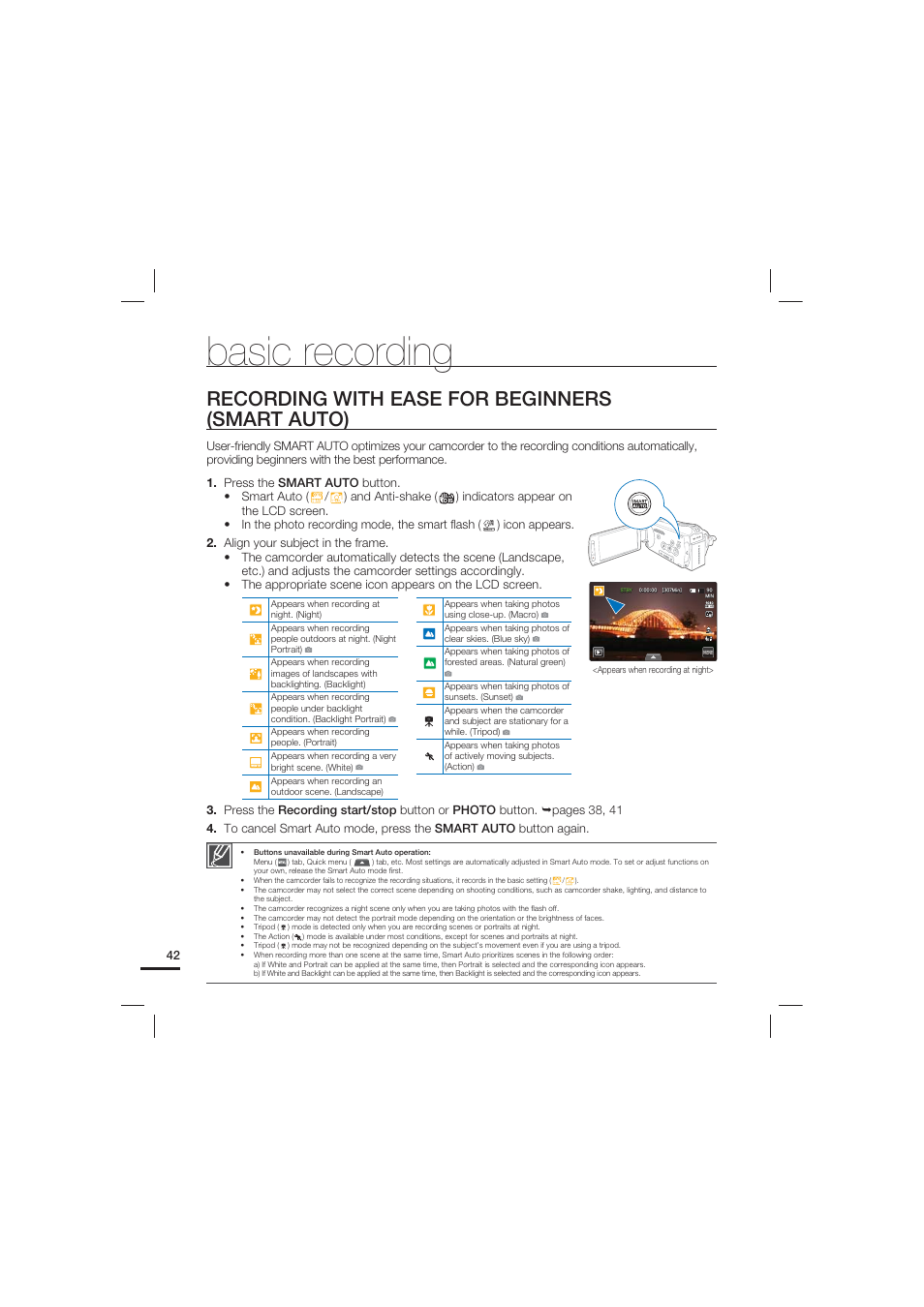 Recording with ease for beginners (smart auto), Basic recording | Samsung HMX-S10 User Manual | Page 52 / 165