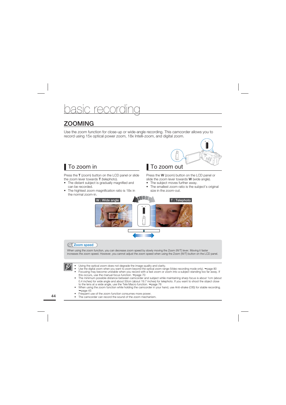 Zooming, Basic recording | Samsung HMX-S10 User Manual | Page 54 / 165