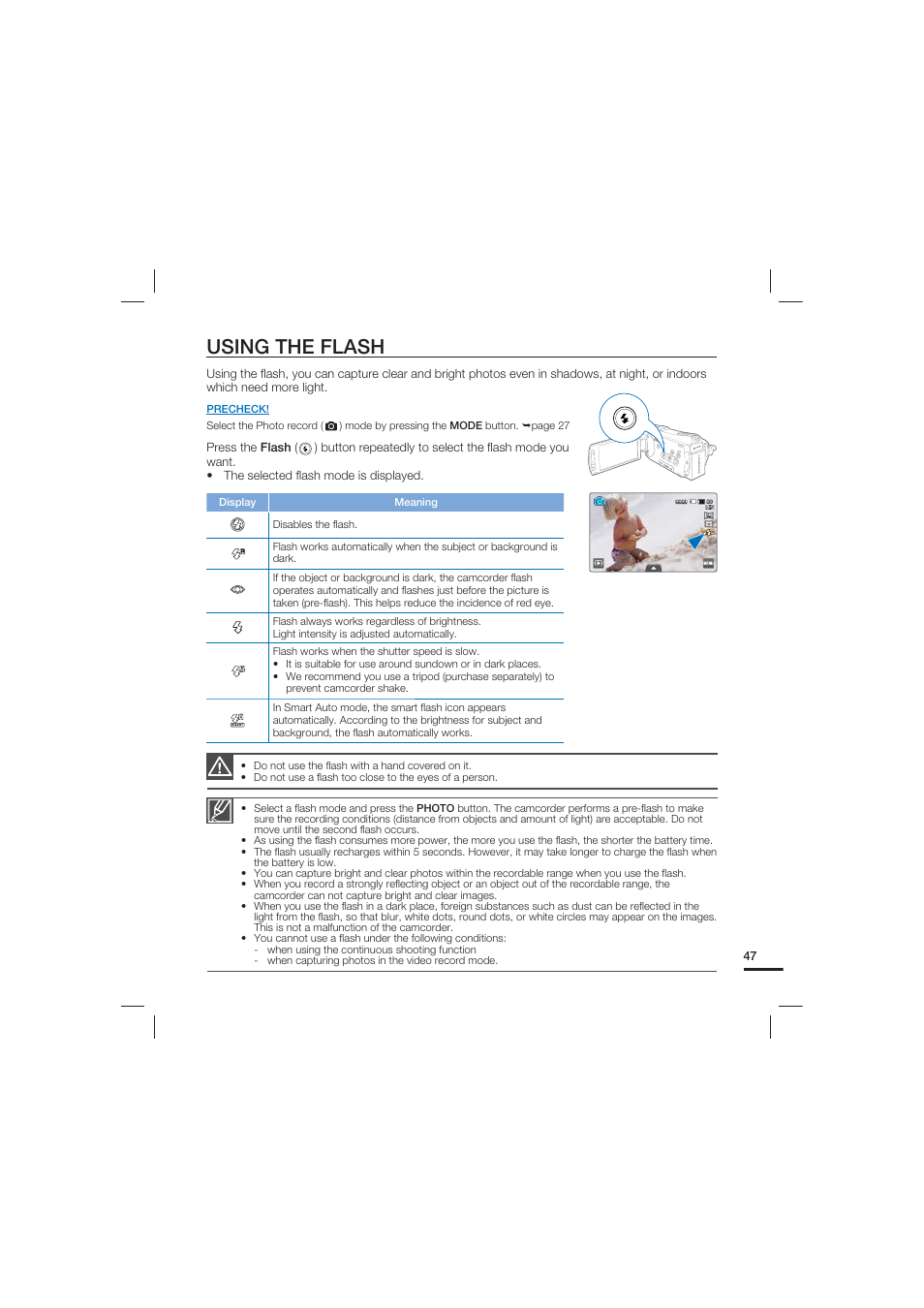 Using the flash | Samsung HMX-S10 User Manual | Page 57 / 165