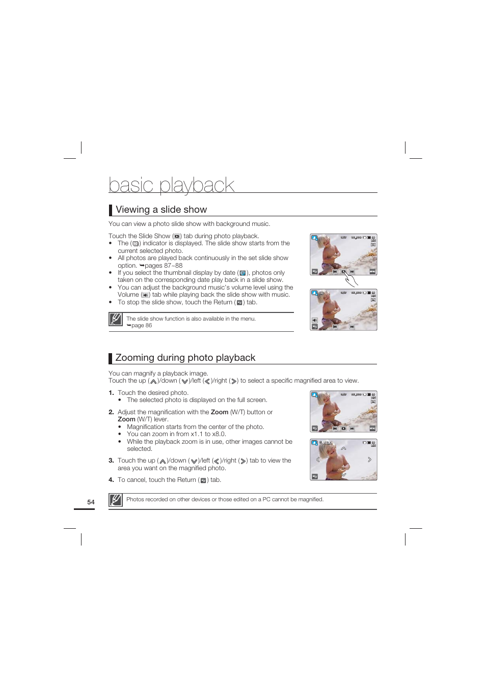 Basic playback, Viewing a slide show, Zooming during photo playback | Samsung HMX-S10 User Manual | Page 64 / 165