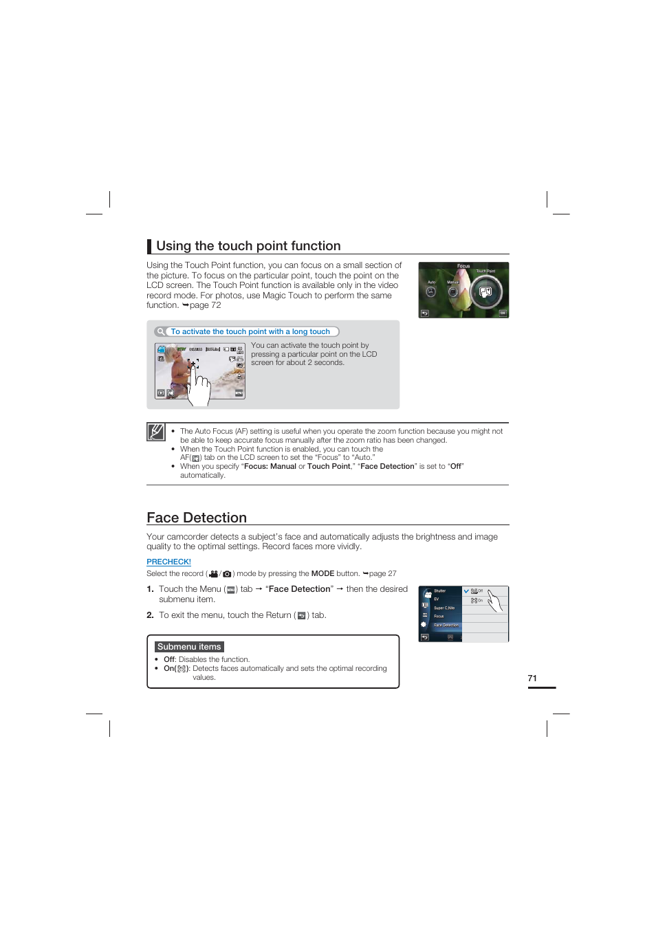 Face detection, Using the touch point function | Samsung HMX-S10 User Manual | Page 81 / 165