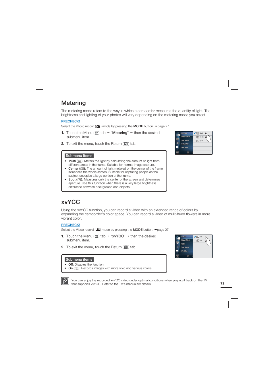 Metering, Xvycc | Samsung HMX-S10 User Manual | Page 83 / 165