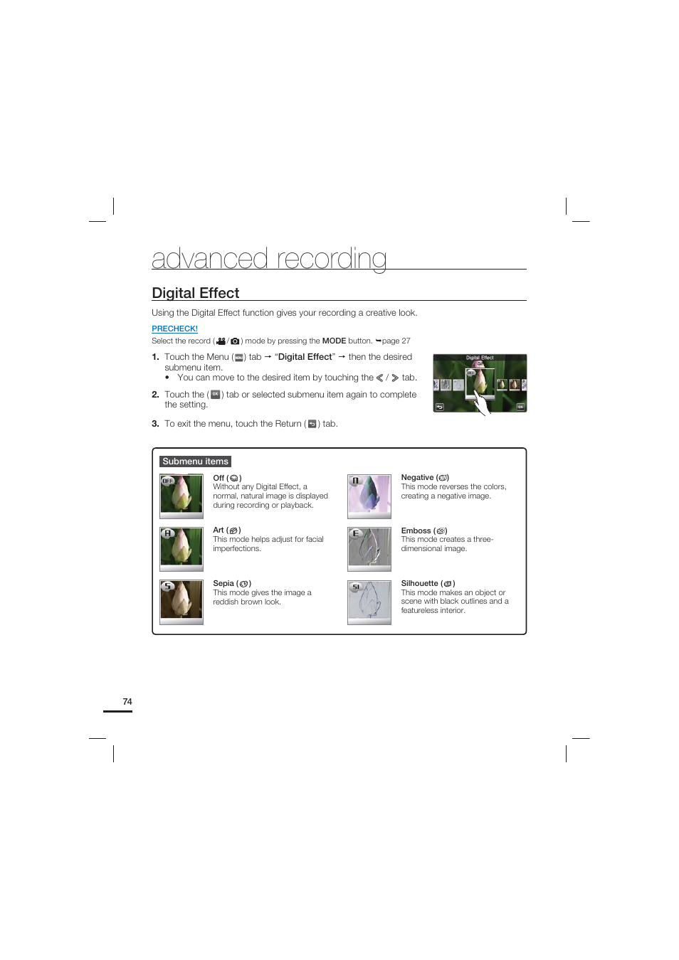 Digital effect, Advanced recording | Samsung HMX-S10 User Manual | Page 84 / 165