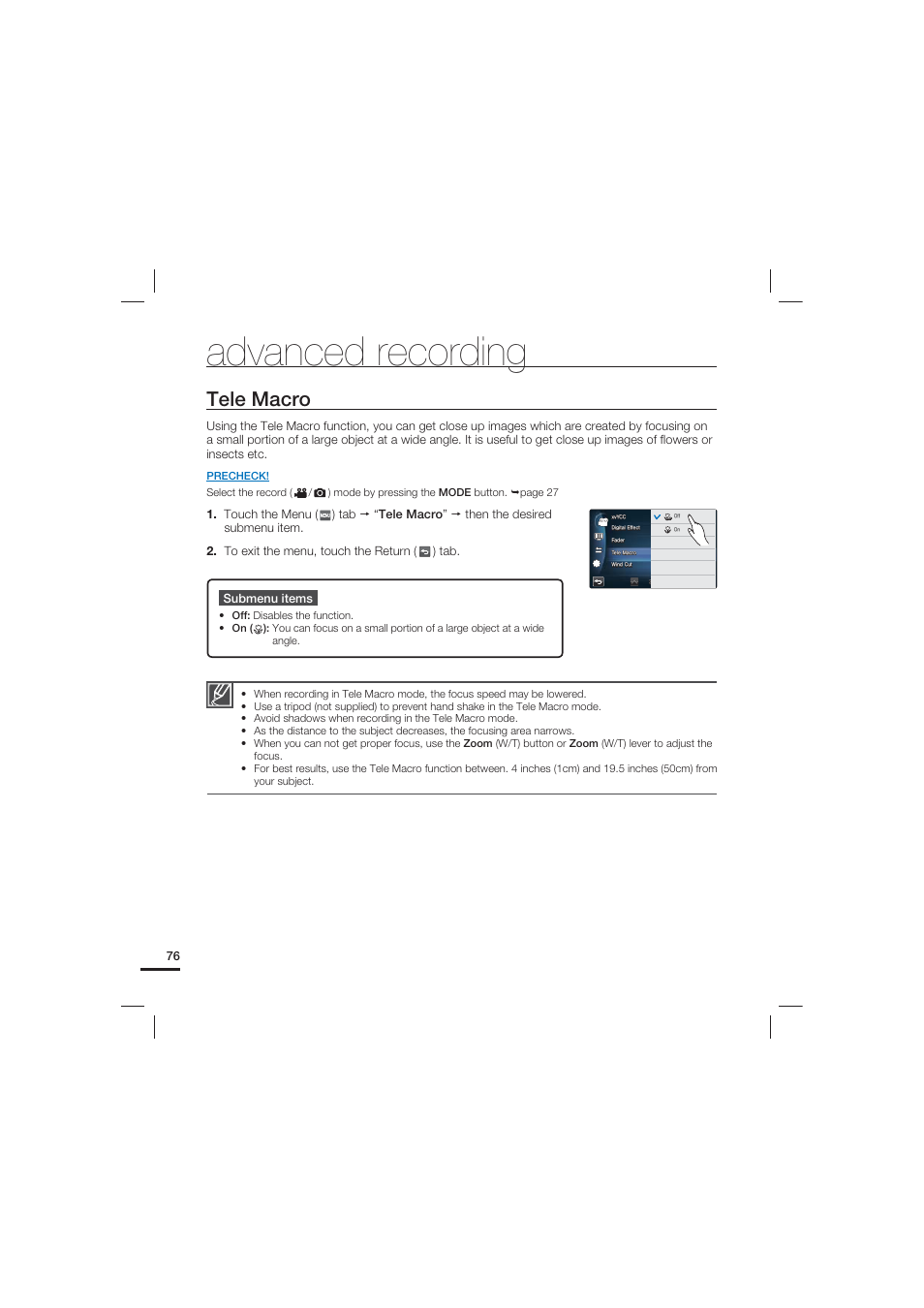 Tele macro, Advanced recording | Samsung HMX-S10 User Manual | Page 86 / 165