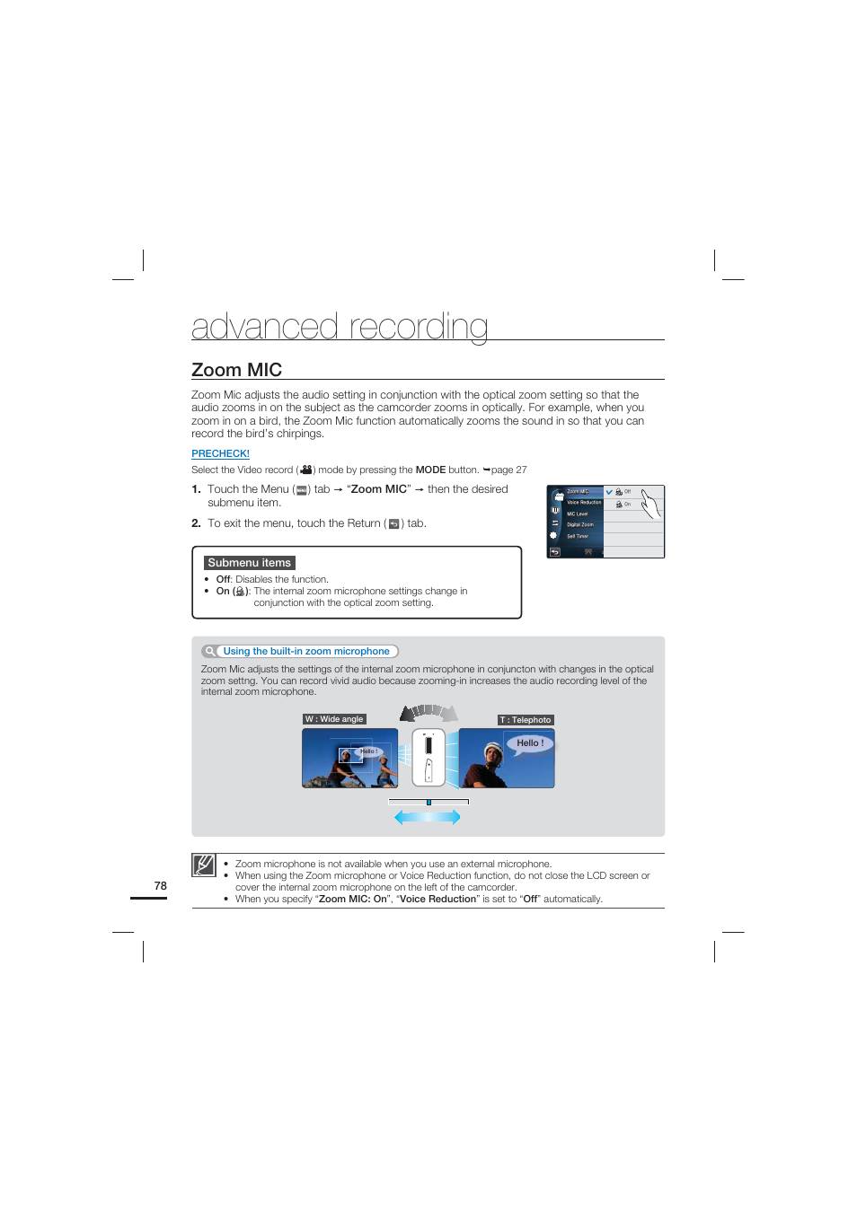 Zoom mic, Advanced recording | Samsung HMX-S10 User Manual | Page 88 / 165