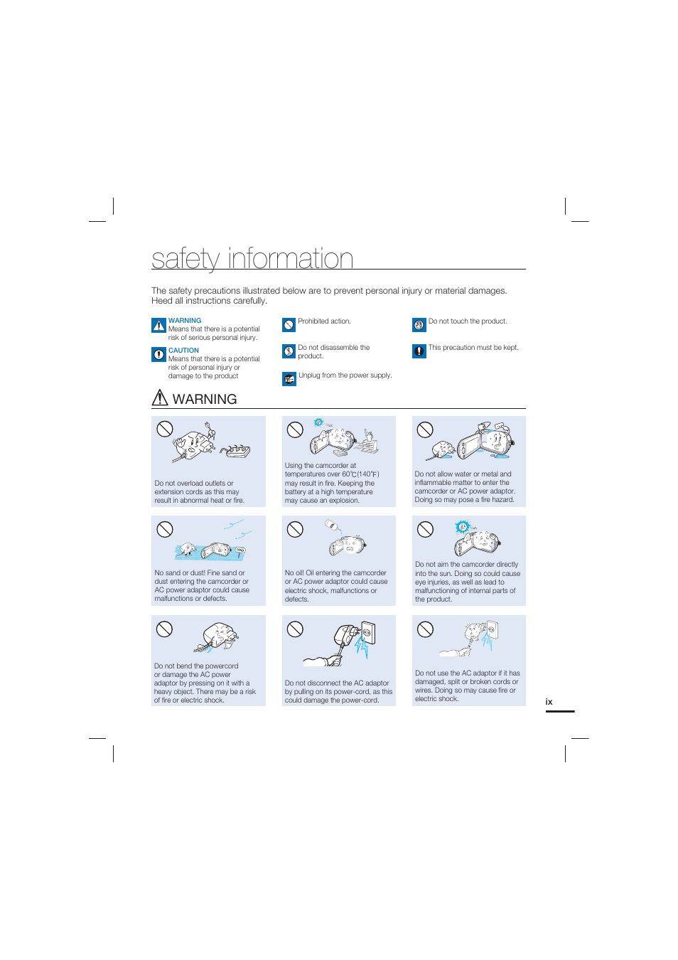 Safety information, Warning | Samsung HMX-S10 User Manual | Page 9 / 165