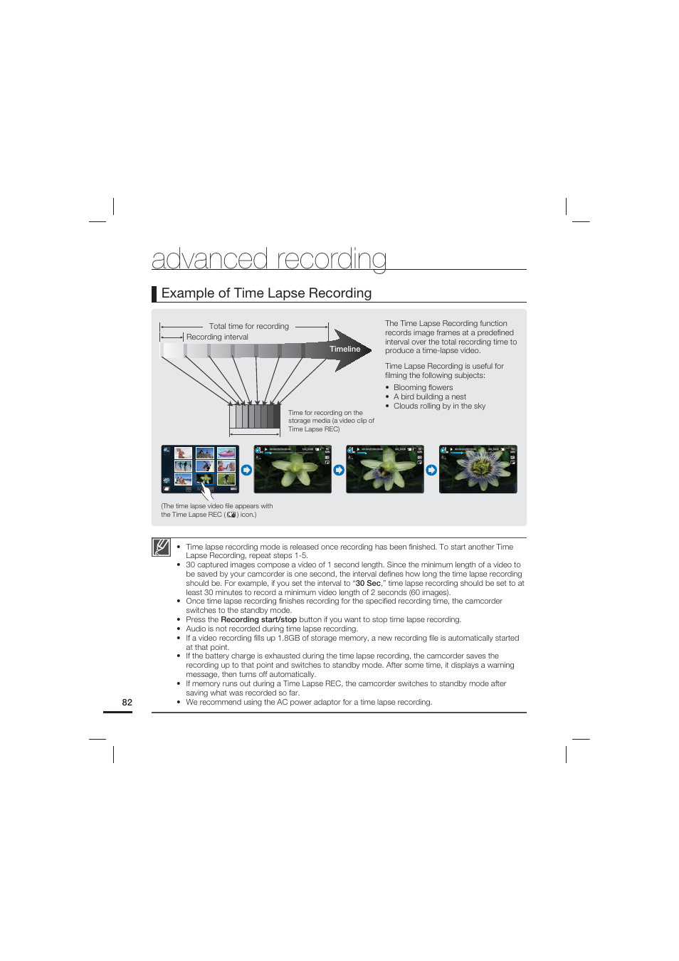 Advanced recording, Example of time lapse recording | Samsung HMX-S10 User Manual | Page 92 / 165