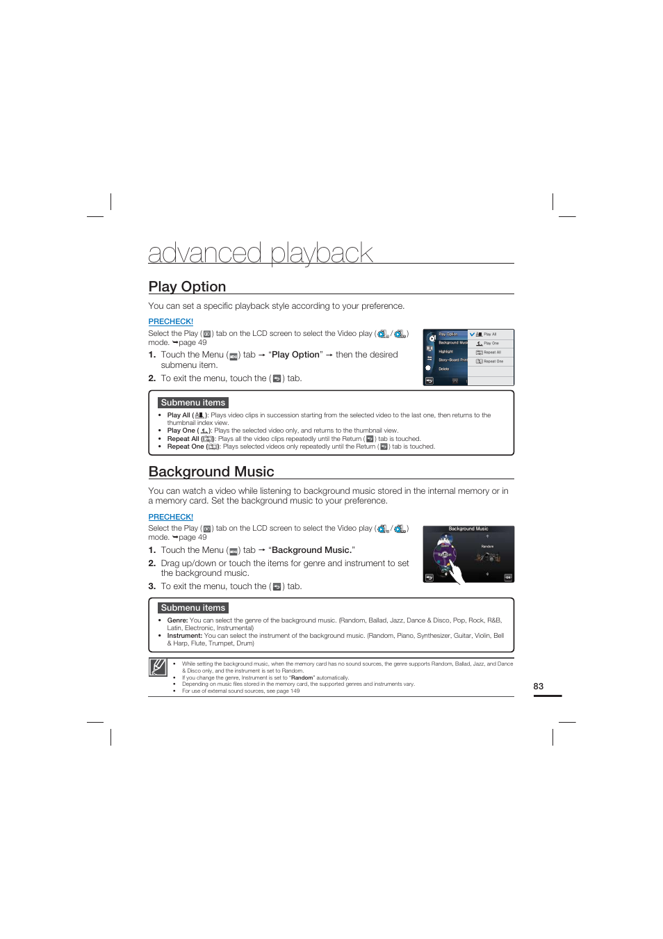 Advanced playback, Play option, Background music | Samsung HMX-S10 User Manual | Page 93 / 165