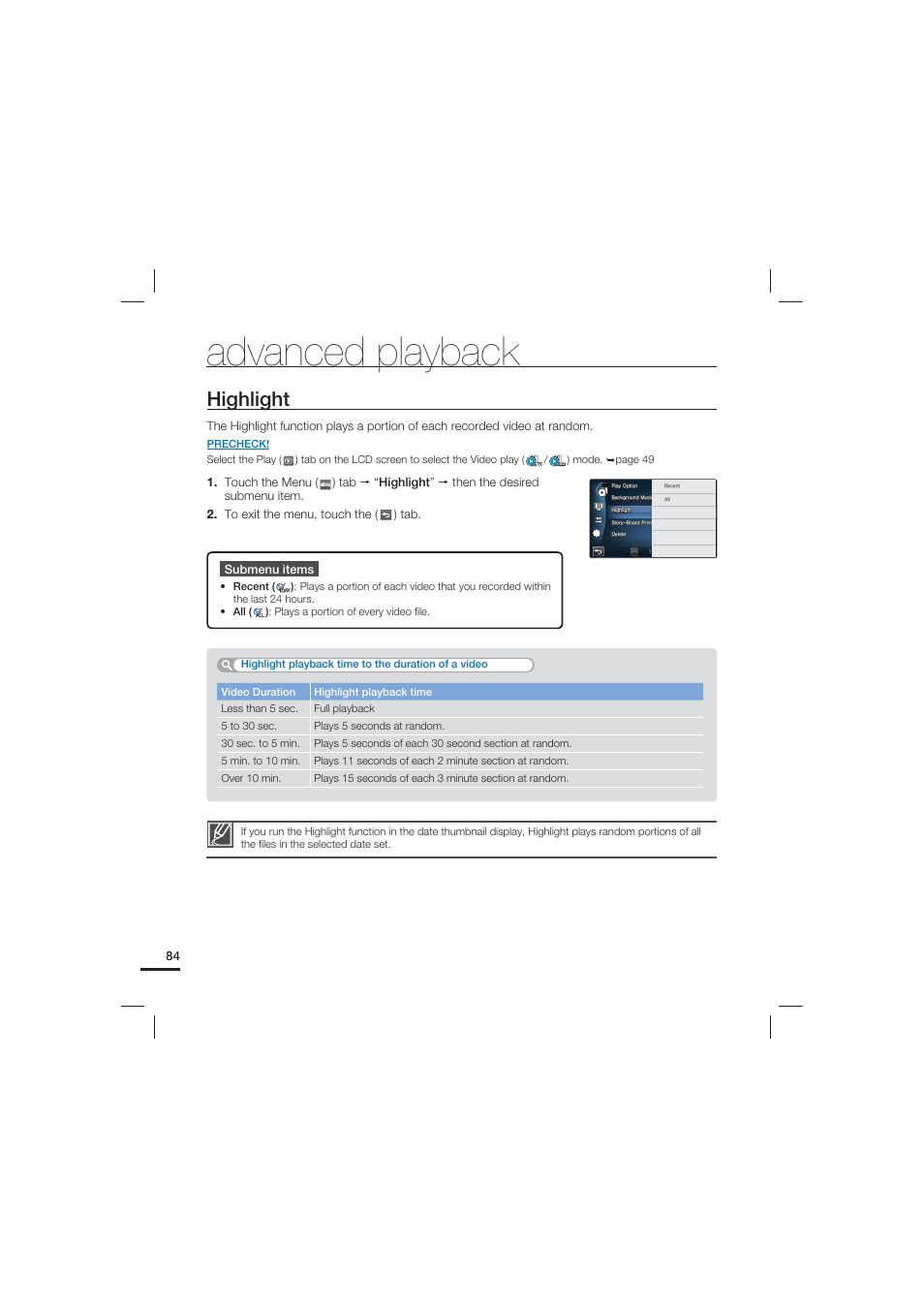 Highlight, Advanced playback | Samsung HMX-S10 User Manual | Page 94 / 165