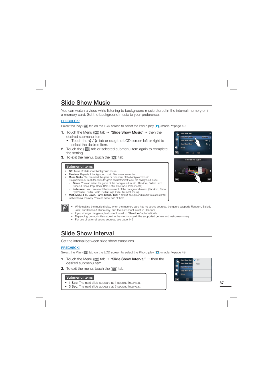 Slide show music, Slide show interval | Samsung HMX-S10 User Manual | Page 97 / 165