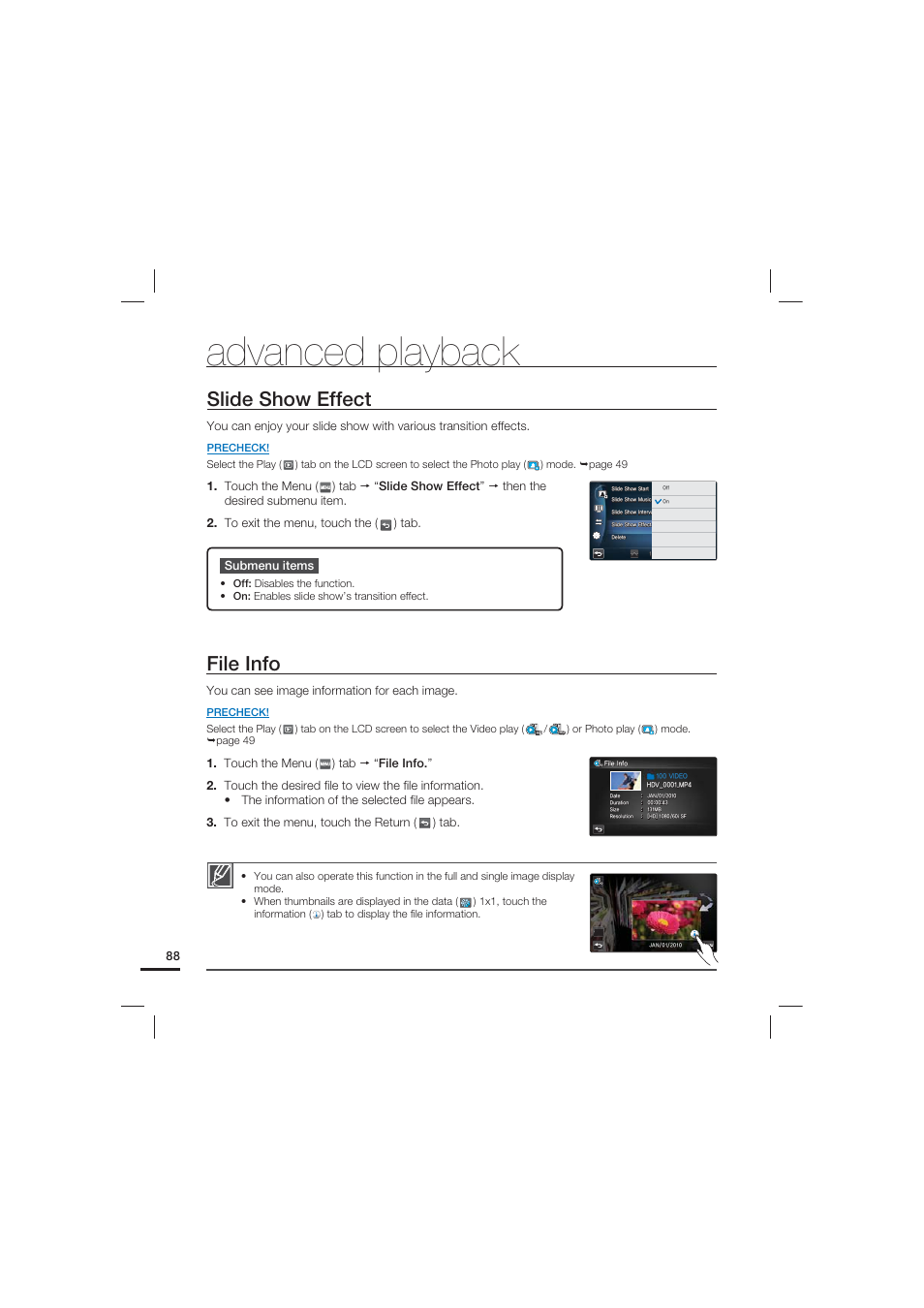 Slide show effect, File info, Advanced playback | Samsung HMX-S10 User Manual | Page 98 / 165