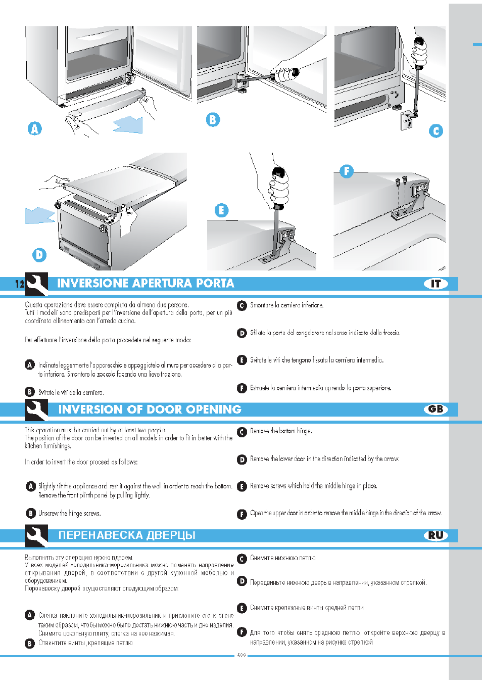 Inversione apertura porta, Inversion of door opening, Перенавеска дверцы | Ardo COF2110SAX User Manual | Page 12 / 44