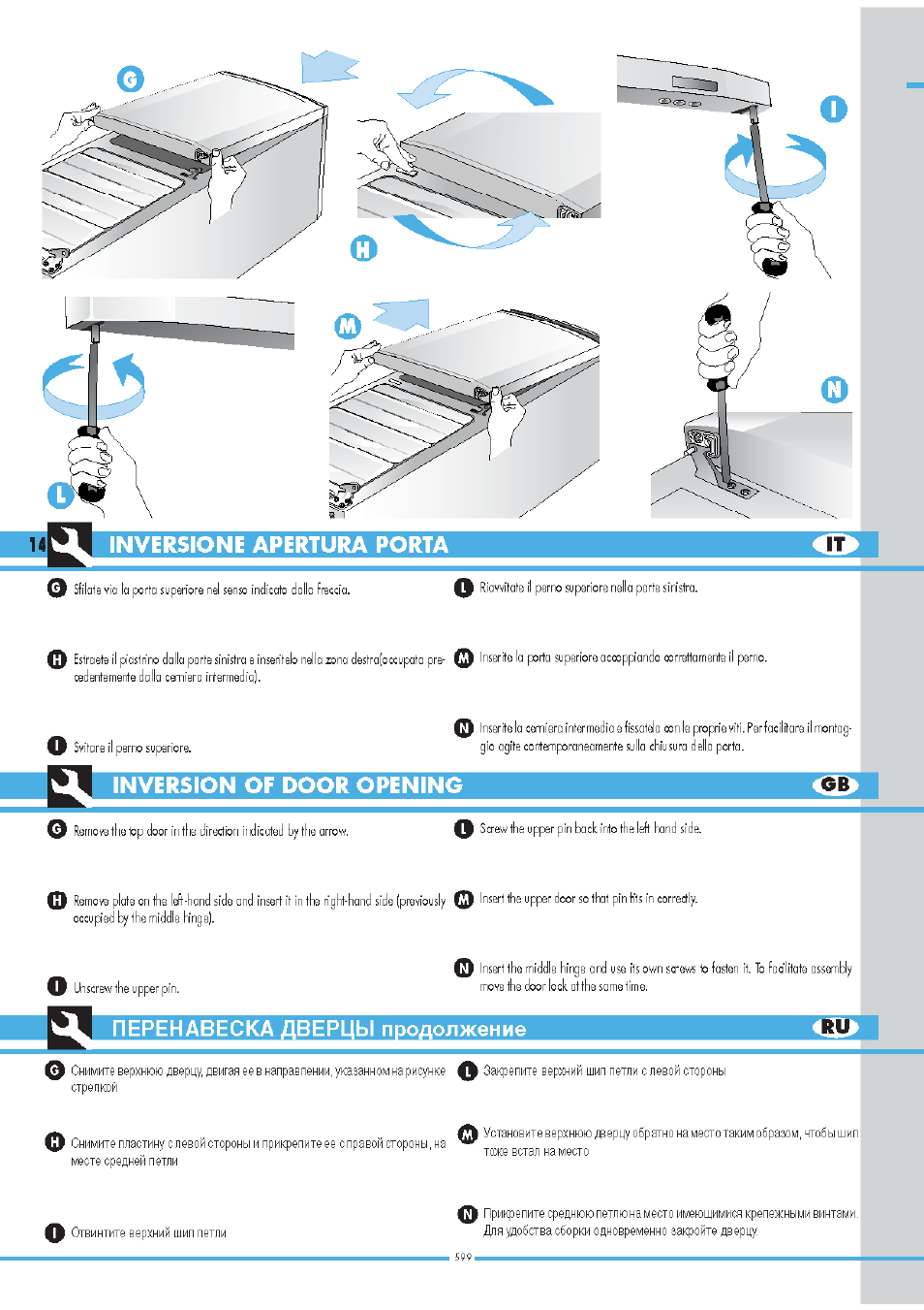 Inversione apertura porta, Inversion of door opening, Перенавеска дверцы продолжение | Ardo COF2110SAX User Manual | Page 14 / 44