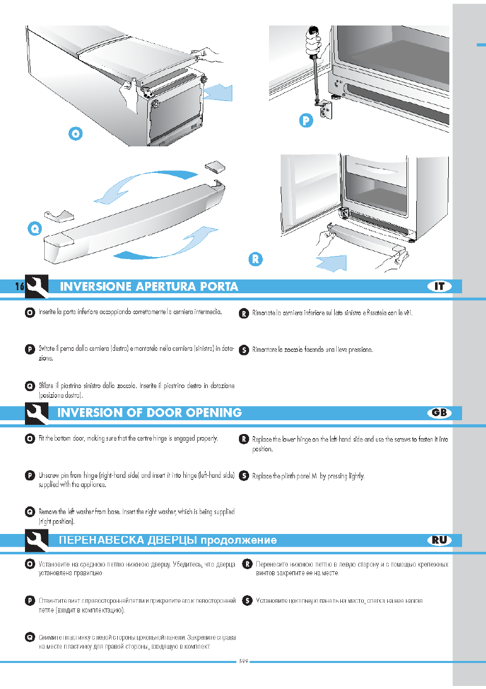 Inversione apertura porta, Inversion of door opening, Перенавеска дверцы продолжение | Ardo COF2110SAX User Manual | Page 16 / 44