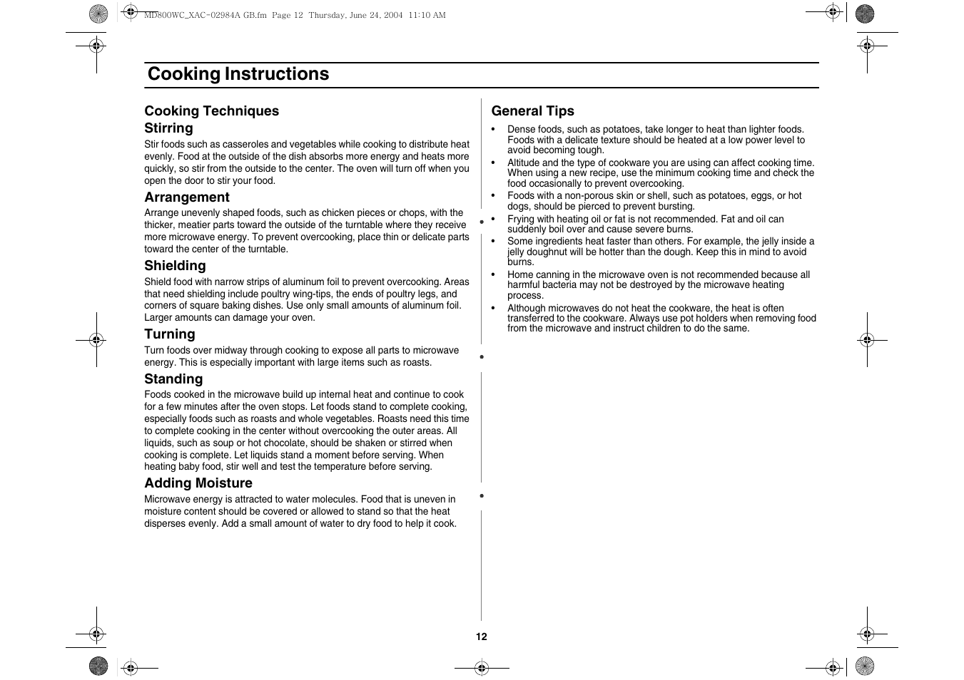 Cooking instructions | Samsung MD800 User Manual | Page 12 / 20