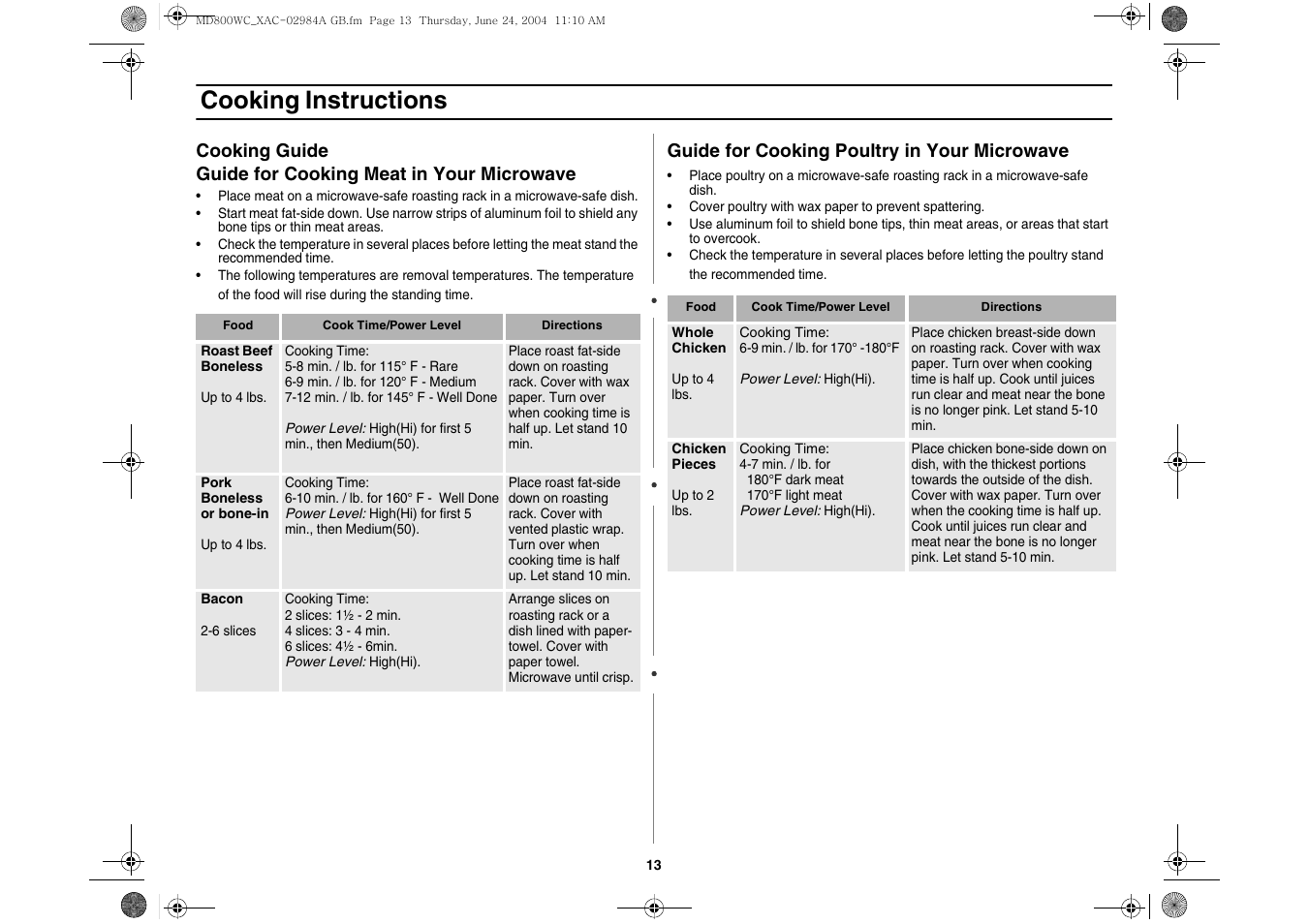 Cooking instructions | Samsung MD800 User Manual | Page 13 / 20