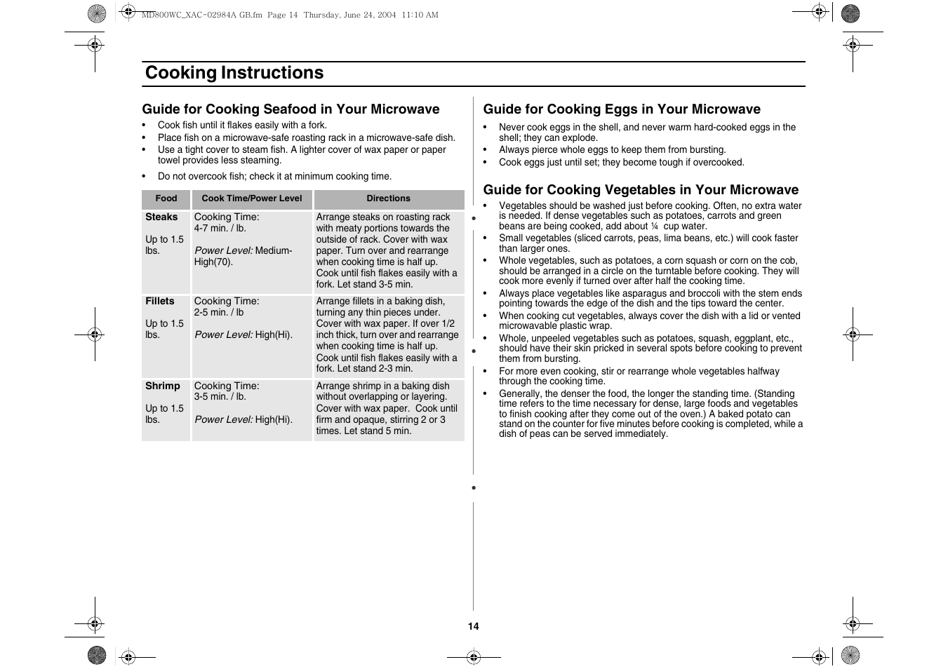 Cooking instructions | Samsung MD800 User Manual | Page 14 / 20