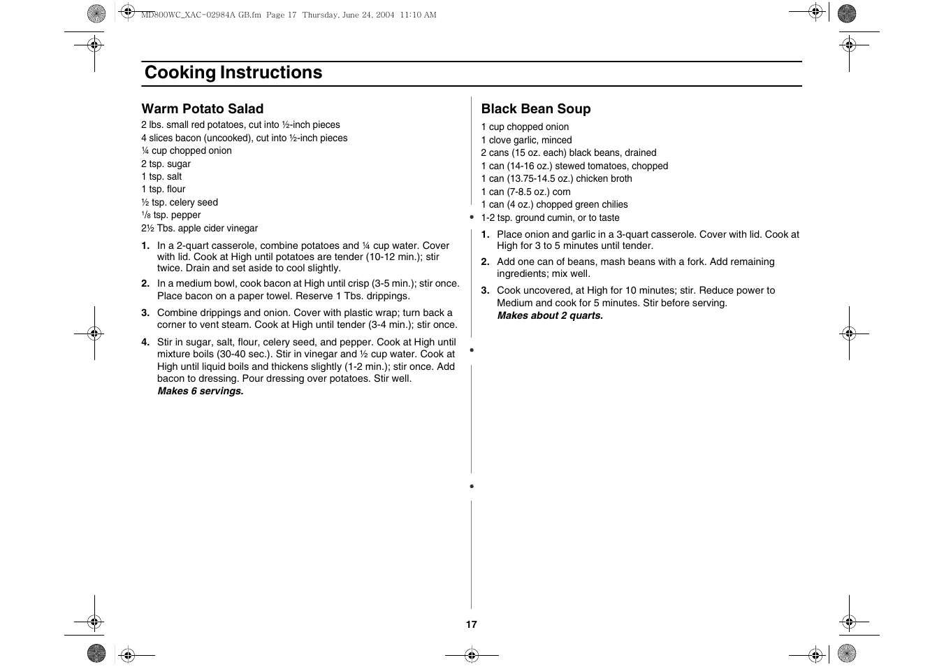 Cooking instructions | Samsung MD800 User Manual | Page 17 / 20