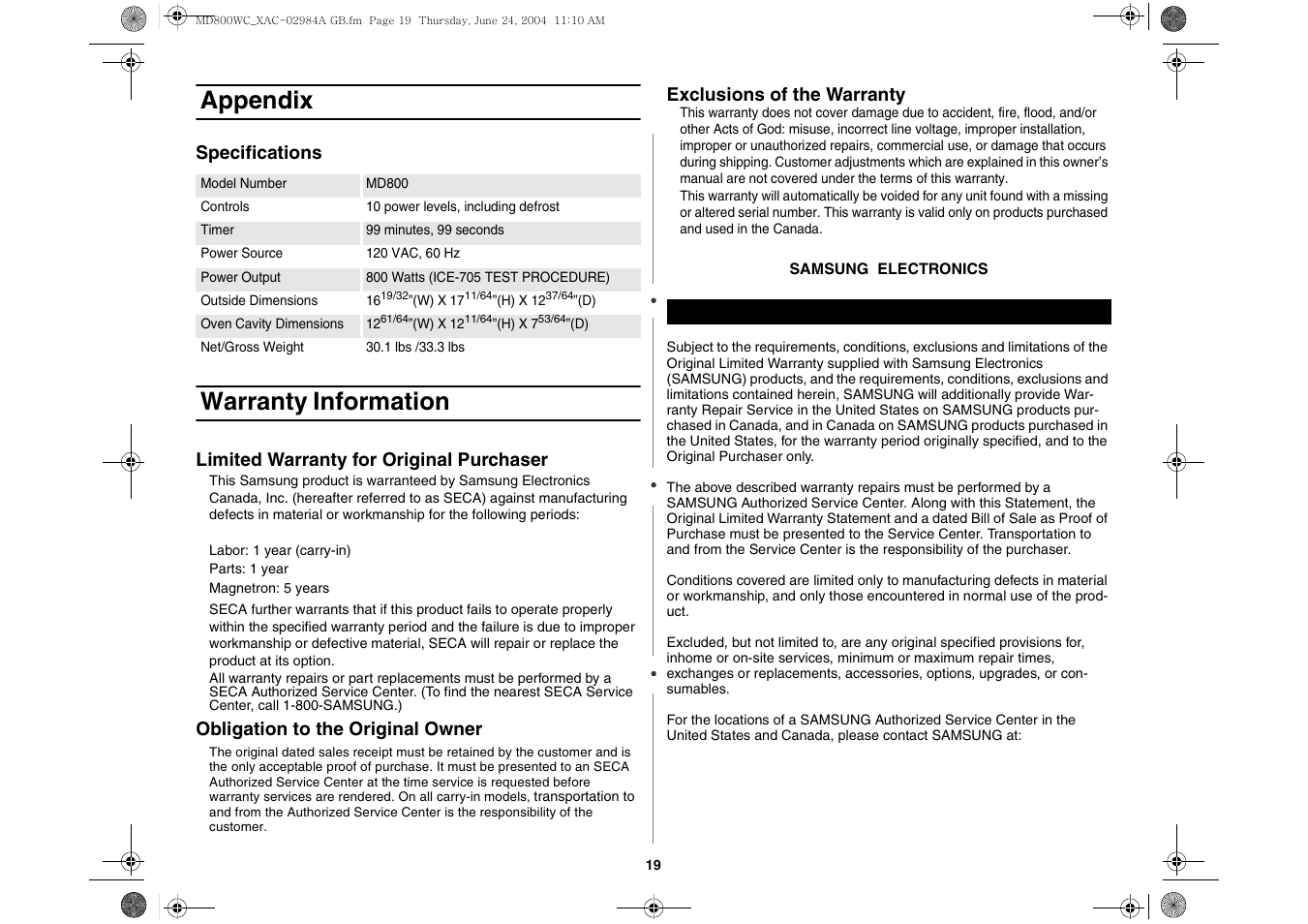 Warranty information, Appendix | Samsung MD800 User Manual | Page 19 / 20