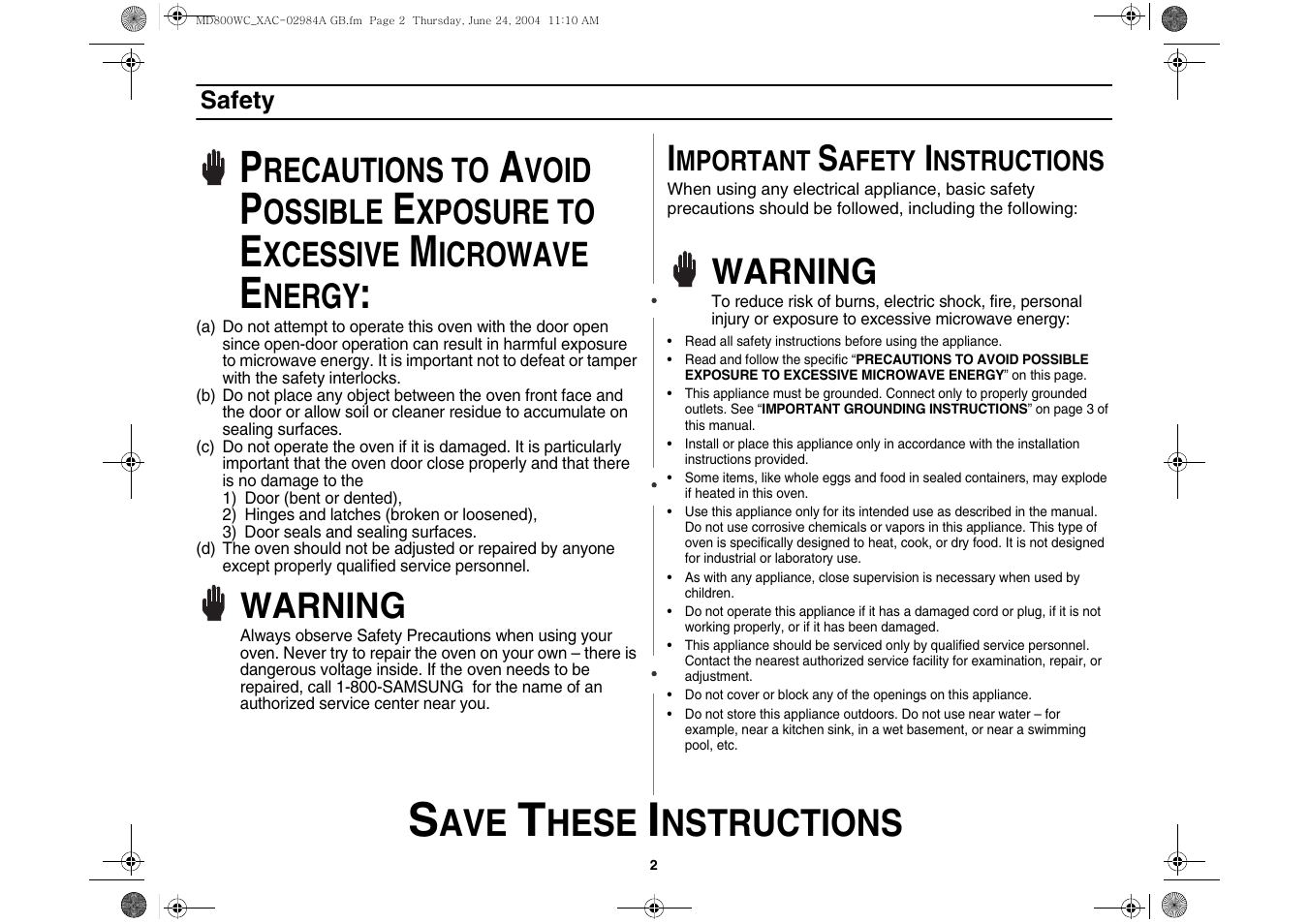 Safety, Hese, Nstructions | Warning, Recautions to, Void, Ossible, Xposure to, Xcessive, Icrowave | Samsung MD800 User Manual | Page 2 / 20