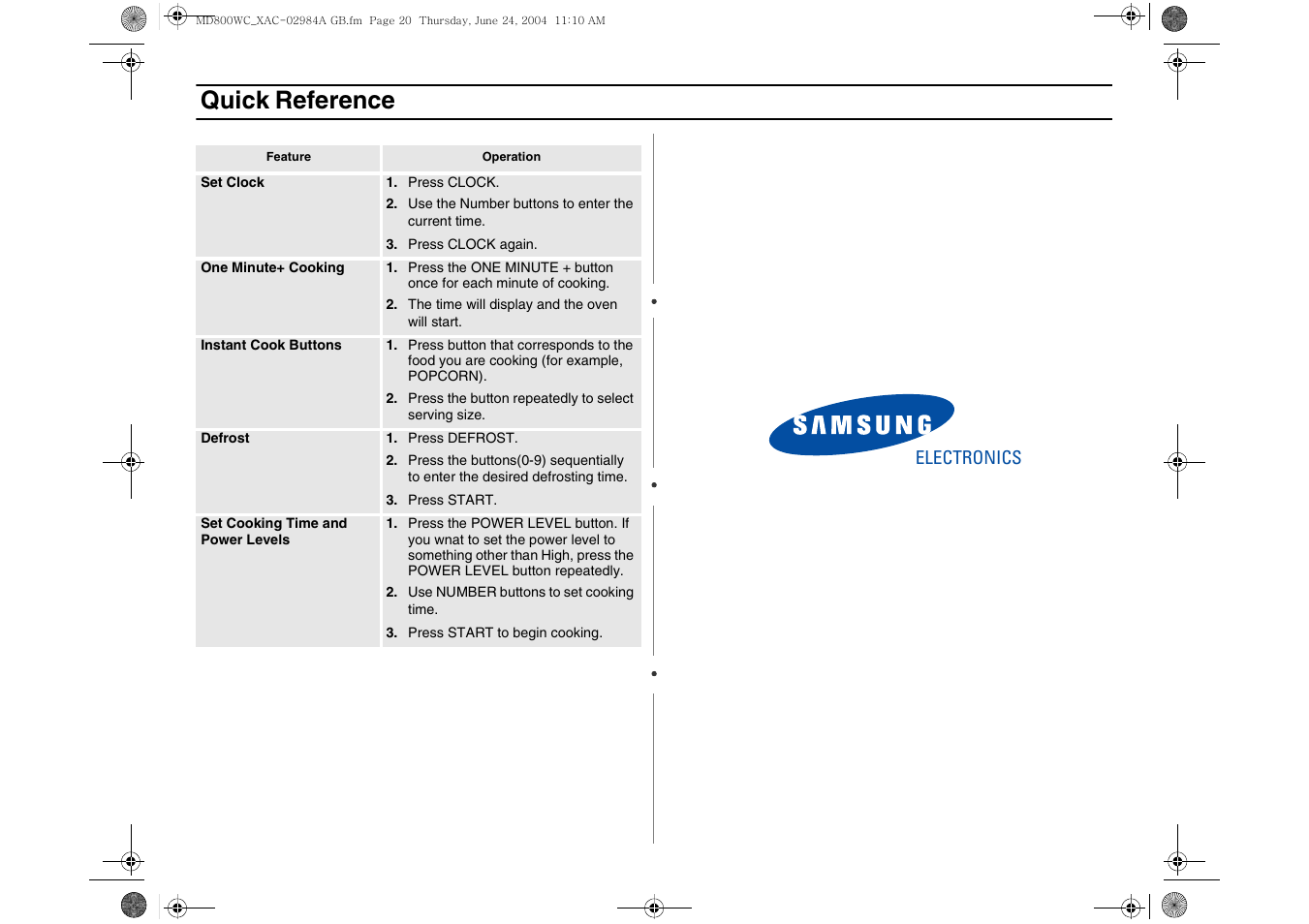 Quick reference | Samsung MD800 User Manual | Page 20 / 20