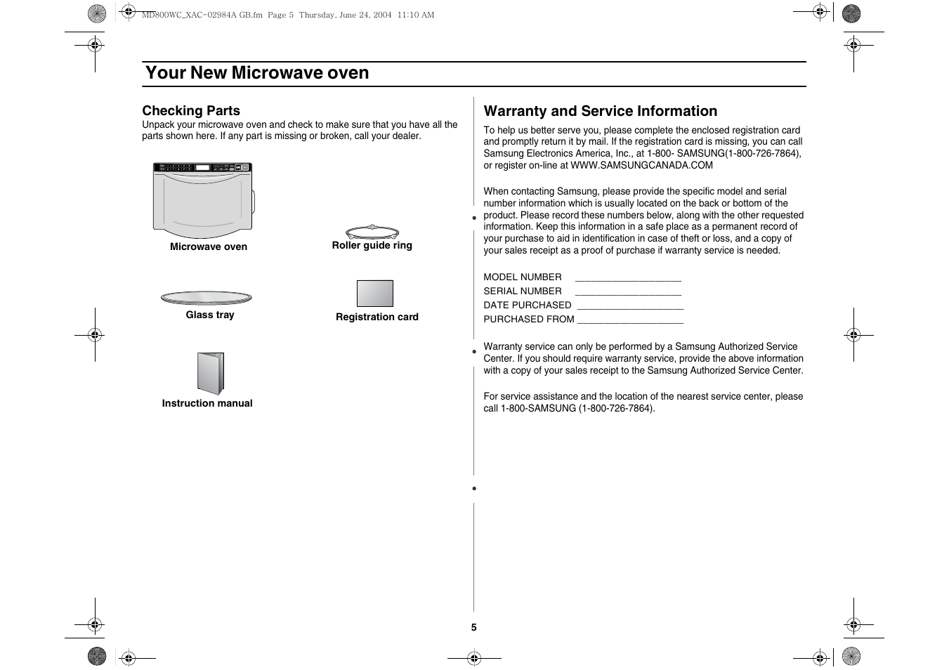 Your new microwave oven, Warranty and service information | Samsung MD800 User Manual | Page 5 / 20