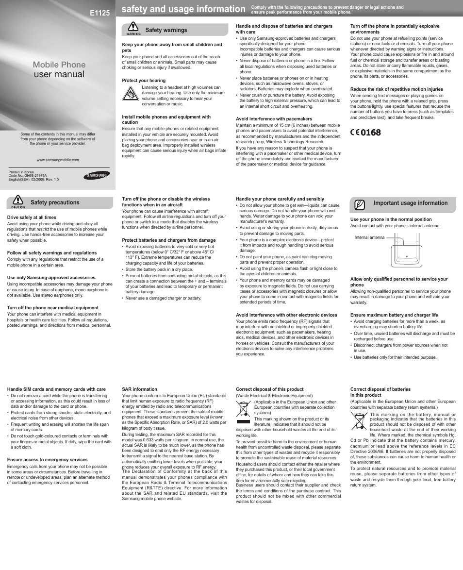 Samsung E1125 User Manual | 2 pages