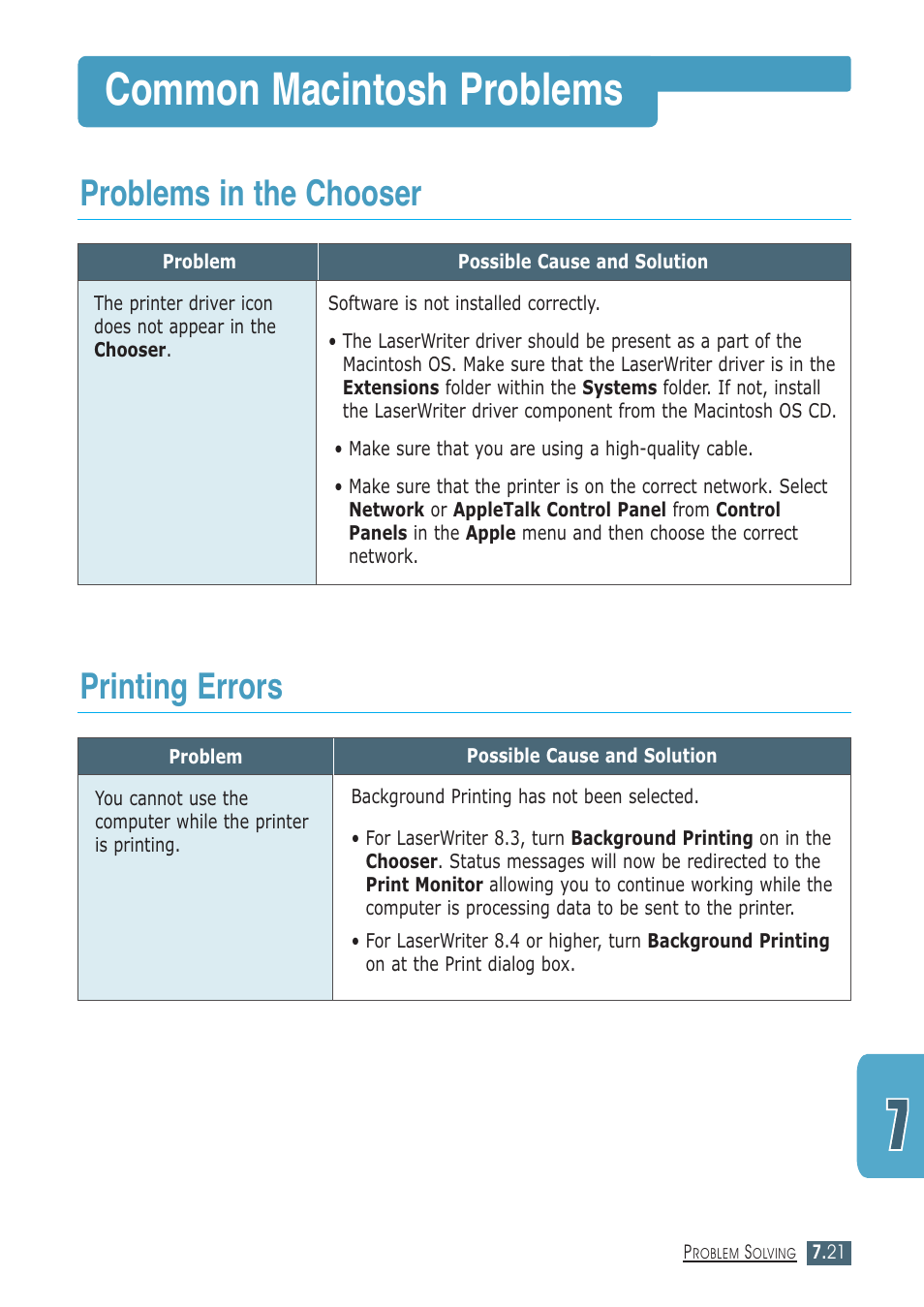 Common macintosh problems, Problems in the chooser, Printing errors | Samsung ML-1430 User Manual | Page 106 / 143