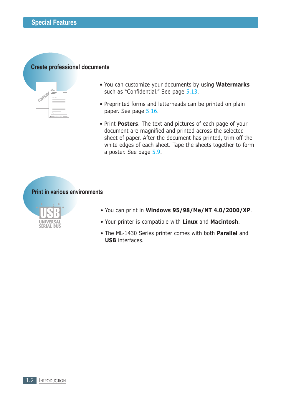 Special features, Create professional documents, Print in various environments | Samsung ML-1430 User Manual | Page 11 / 143