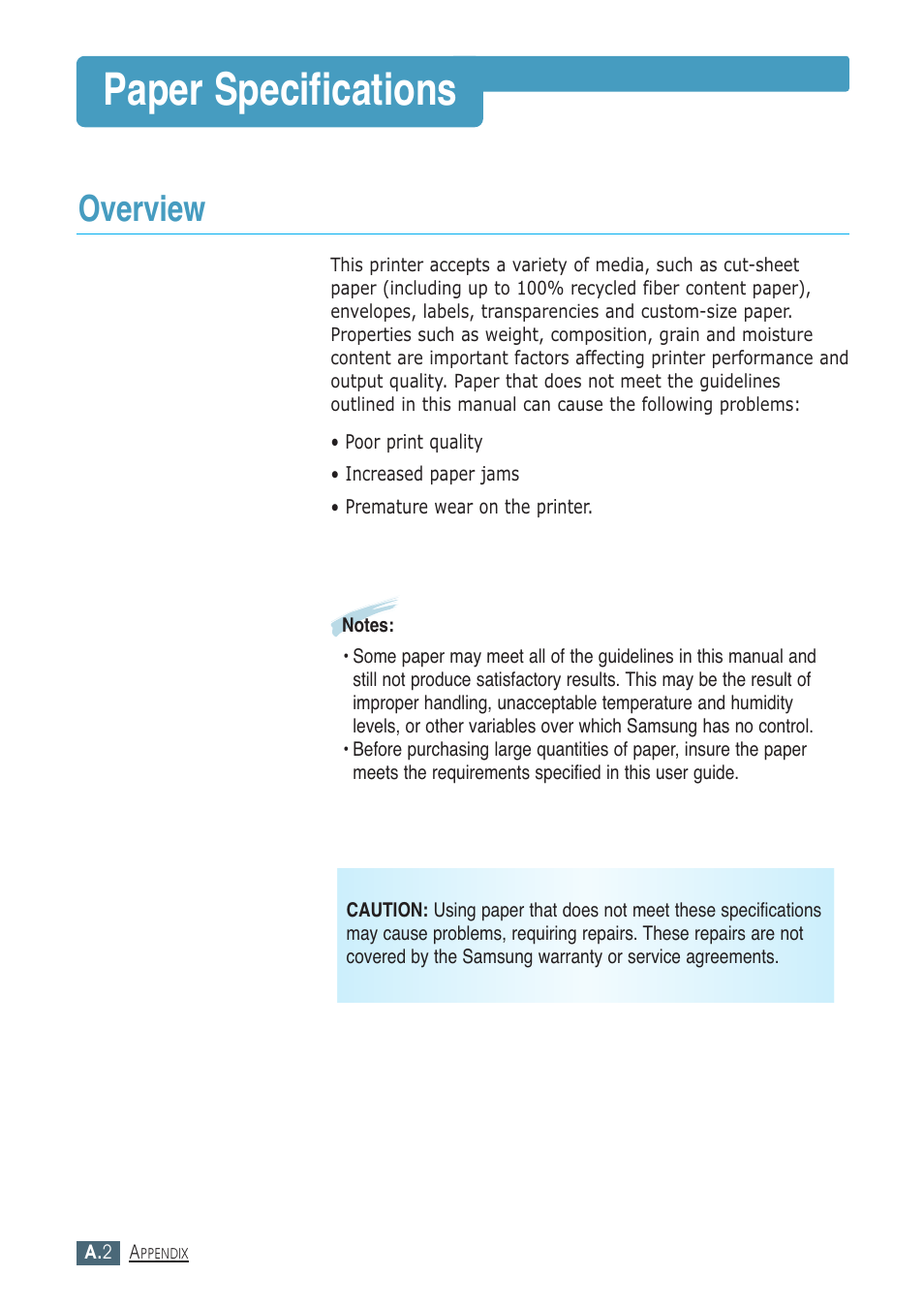 Paper specifications, Overview | Samsung ML-1430 User Manual | Page 113 / 143