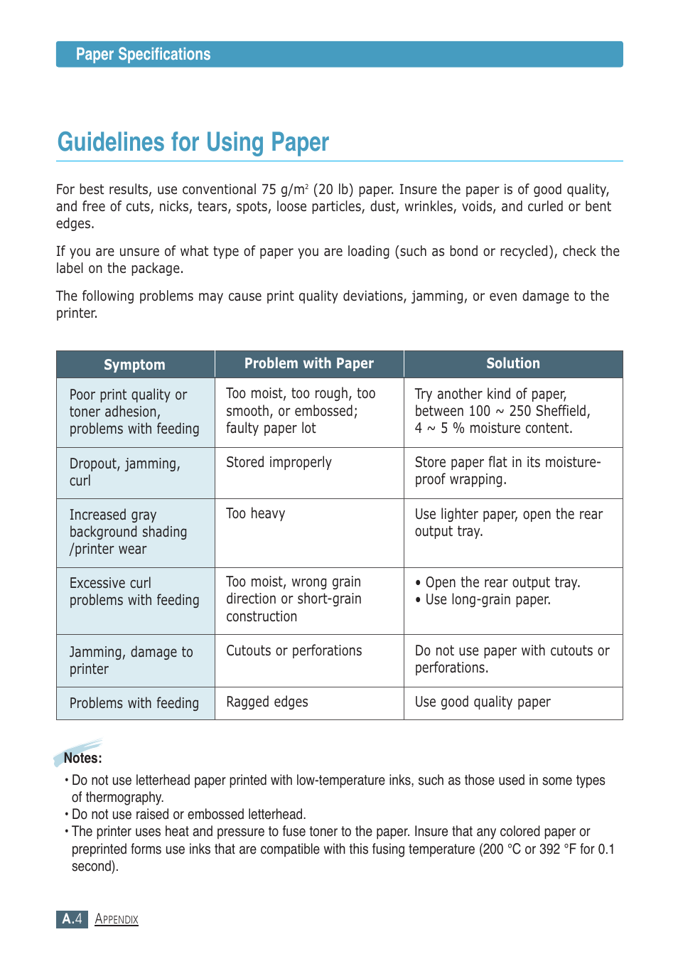 Guidelines for using paper, Paper specifications | Samsung ML-1430 User Manual | Page 115 / 143