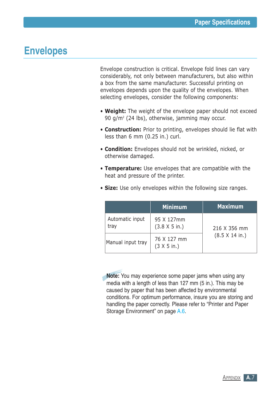 Envelopes, Paper specifications | Samsung ML-1430 User Manual | Page 118 / 143