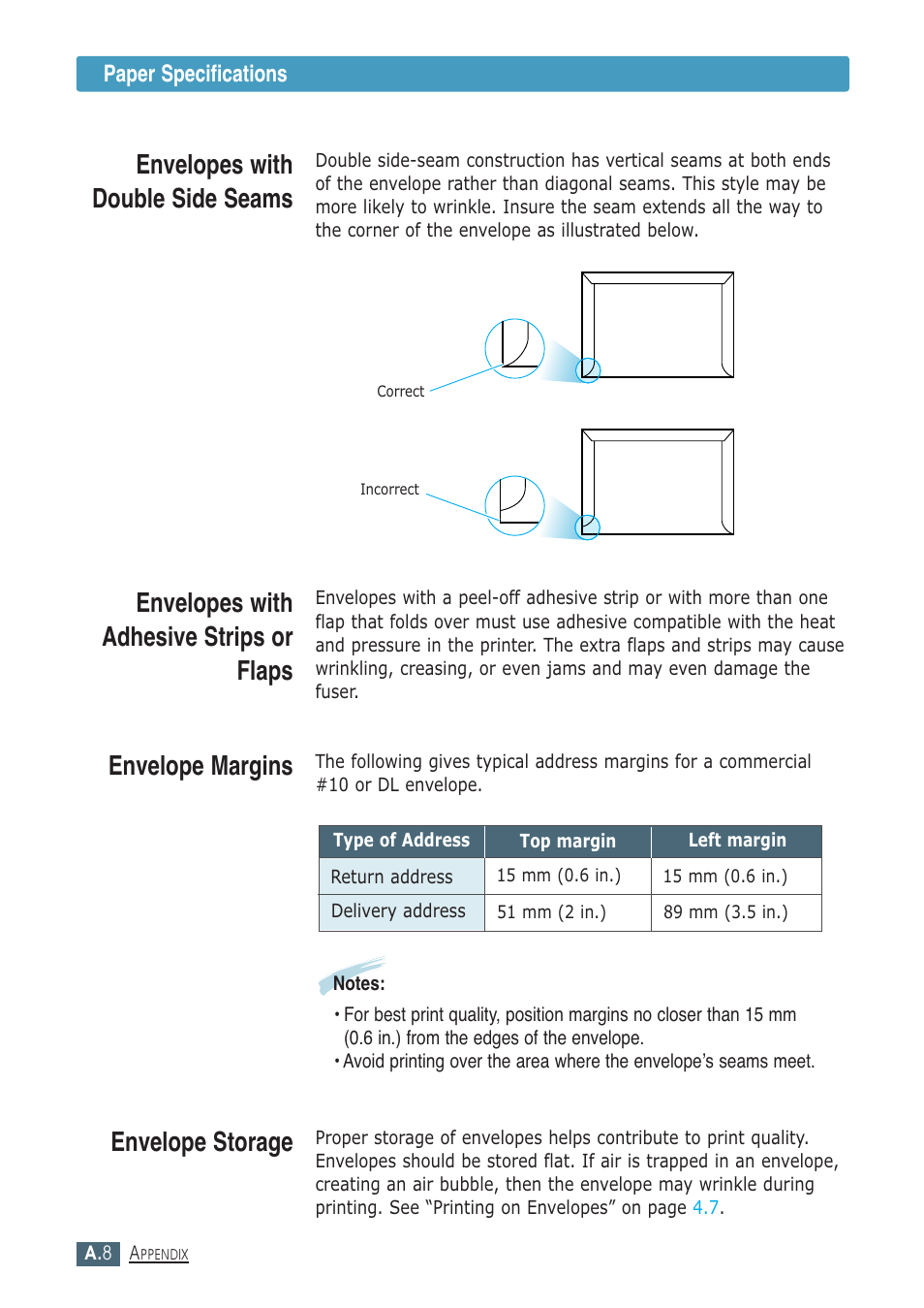 Envelopes with double side seams, Envelopes with adhesive strips or flaps, Envelope margins | Envelope storage | Samsung ML-1430 User Manual | Page 119 / 143