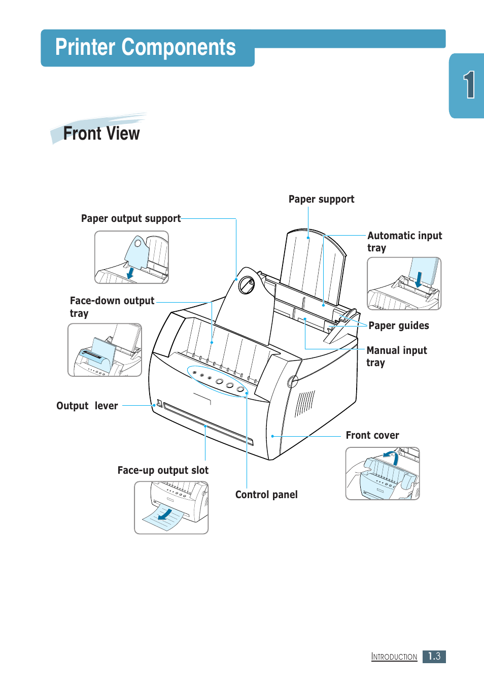 Printer components, Front view | Samsung ML-1430 User Manual | Page 12 / 143