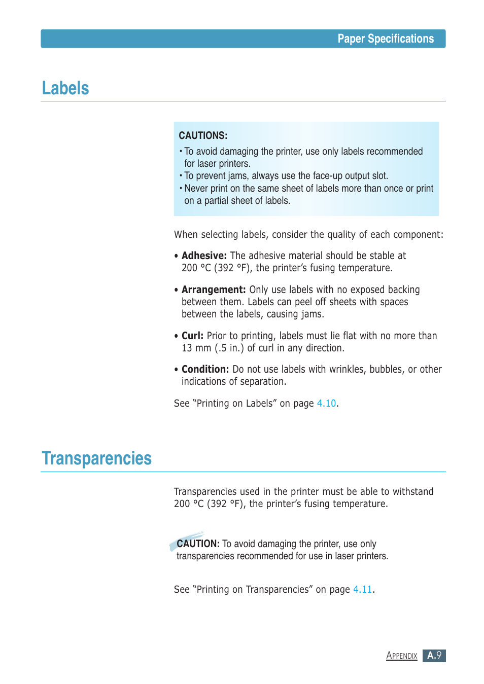 Labels, Transparencies, Labels transparencies | Samsung ML-1430 User Manual | Page 120 / 143