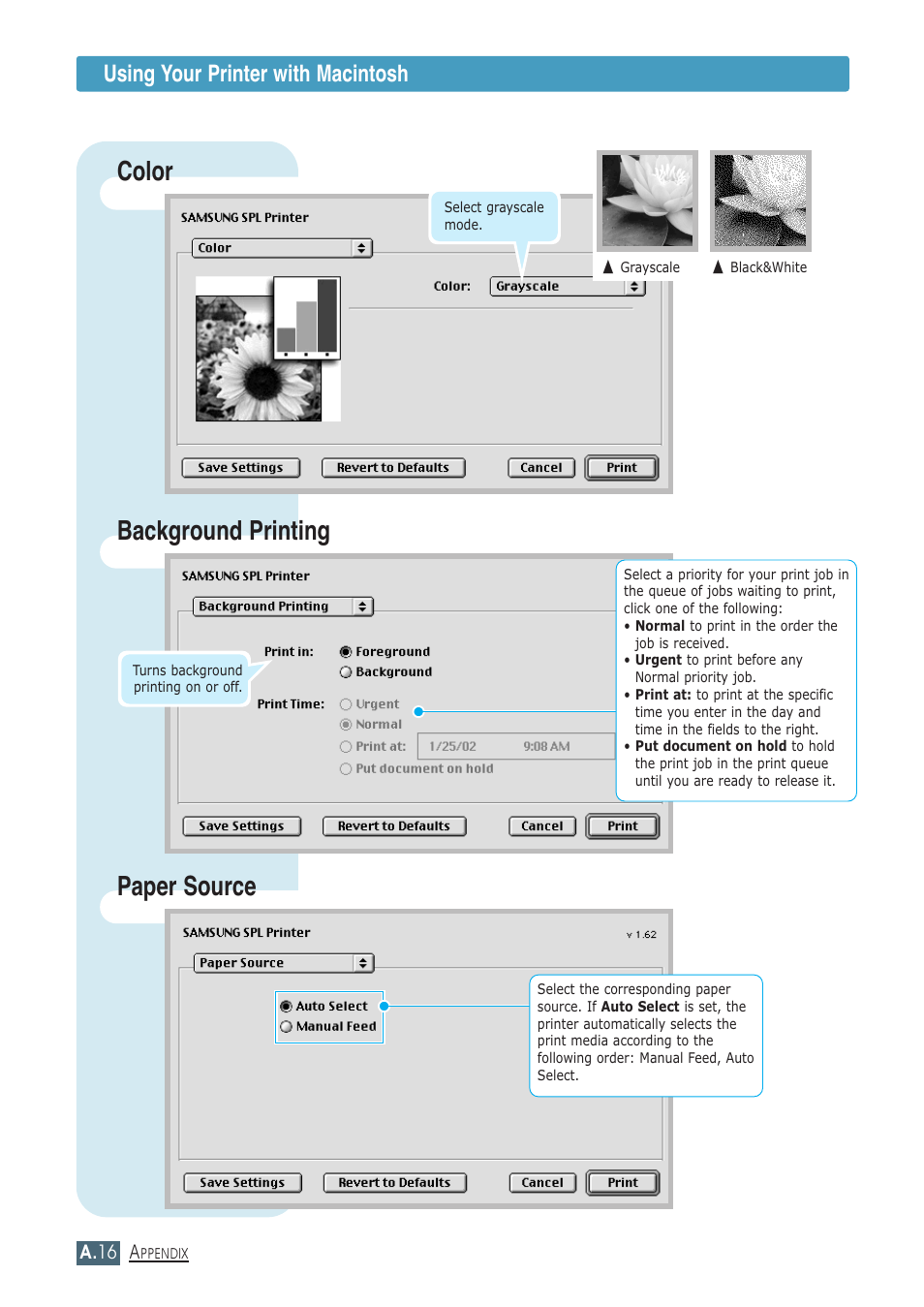 Color background printing, Paper source, Using your printer with macintosh | Samsung ML-1430 User Manual | Page 127 / 143