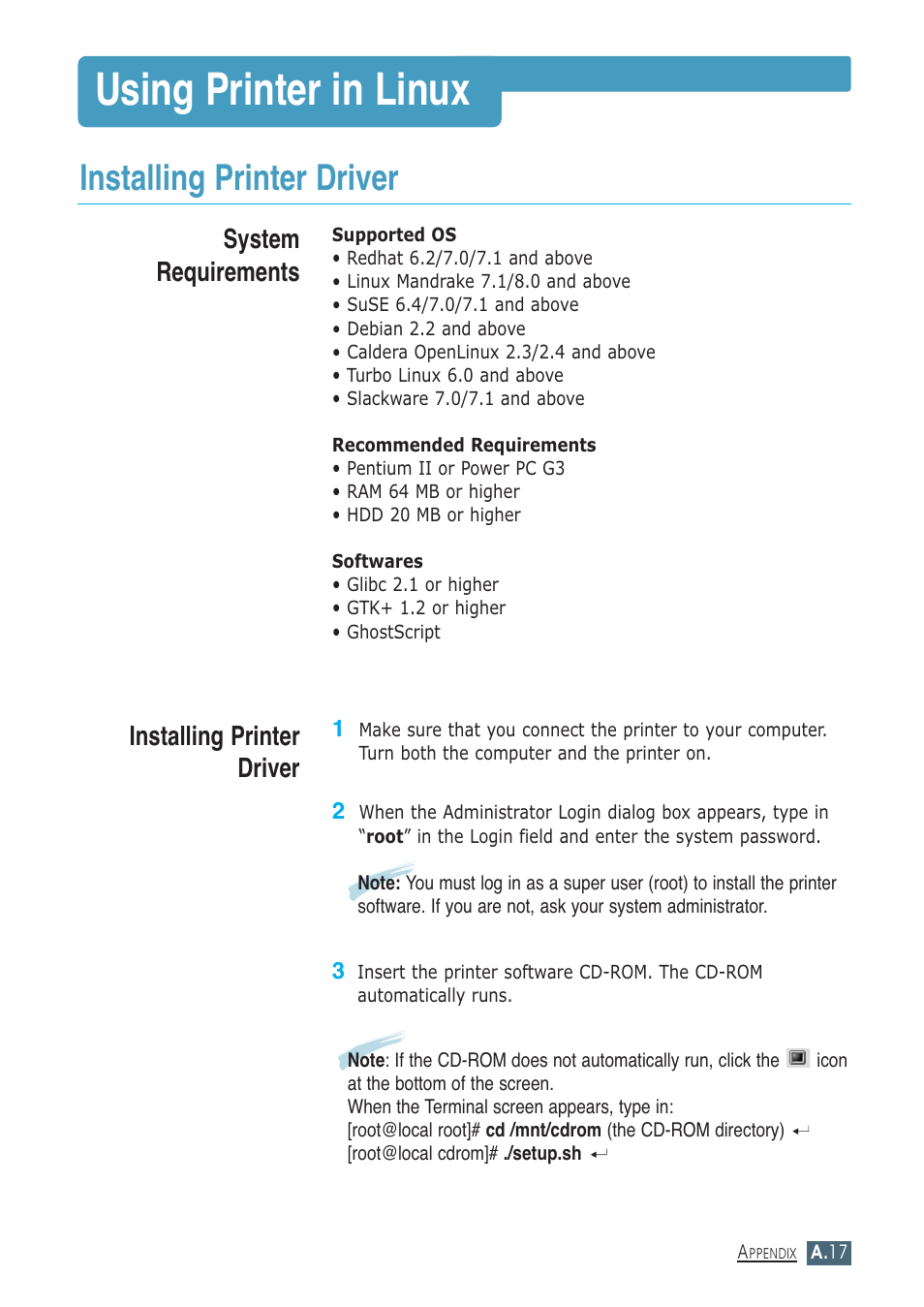 Using printer in linux, Installing printer driver, A.17 | System requirements installing printer driver | Samsung ML-1430 User Manual | Page 128 / 143