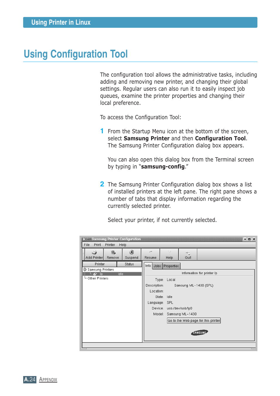 Using configuration tool | Samsung ML-1430 User Manual | Page 135 / 143