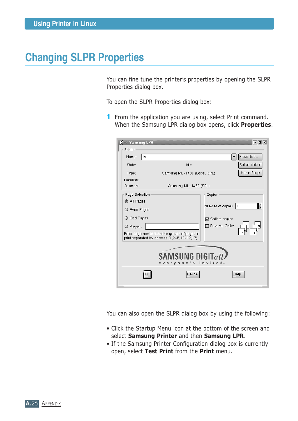 Changing slpr properties | Samsung ML-1430 User Manual | Page 137 / 143