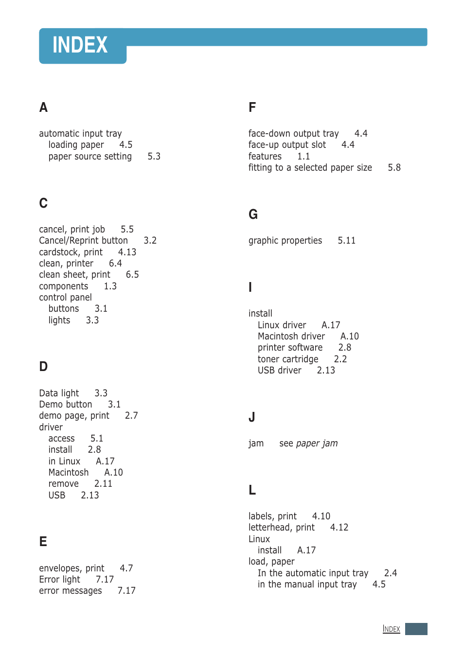 Index | Samsung ML-1430 User Manual | Page 140 / 143