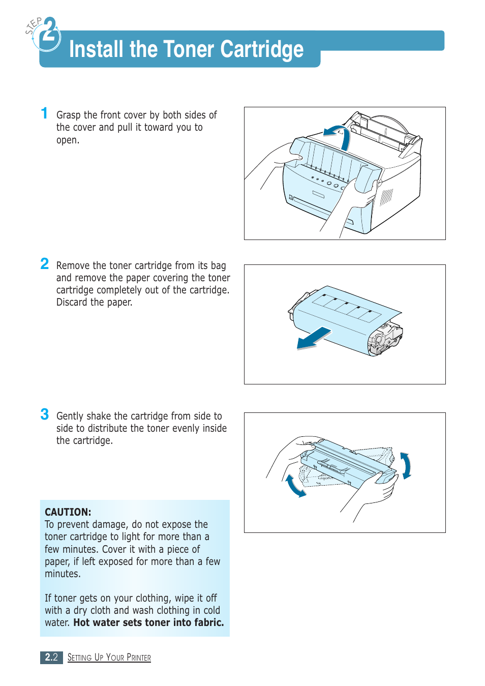 Install the toner cartridge, Step 2 : install the toner cartridge | Samsung ML-1430 User Manual | Page 17 / 143