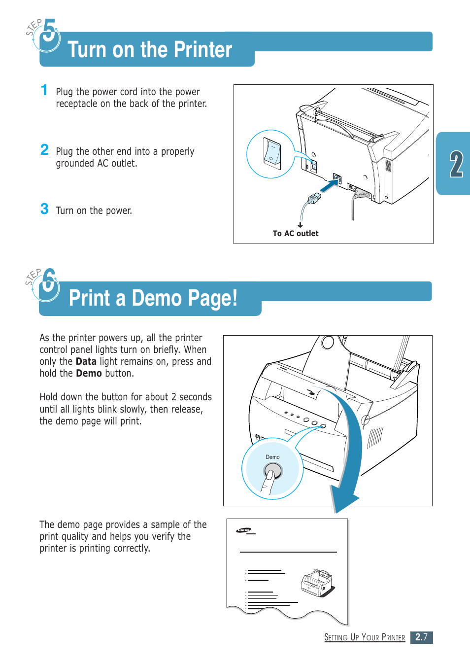 Turn on the printer, Step 5 : turn on the printer, Print a demo page | Samsung ML-1430 User Manual | Page 22 / 143