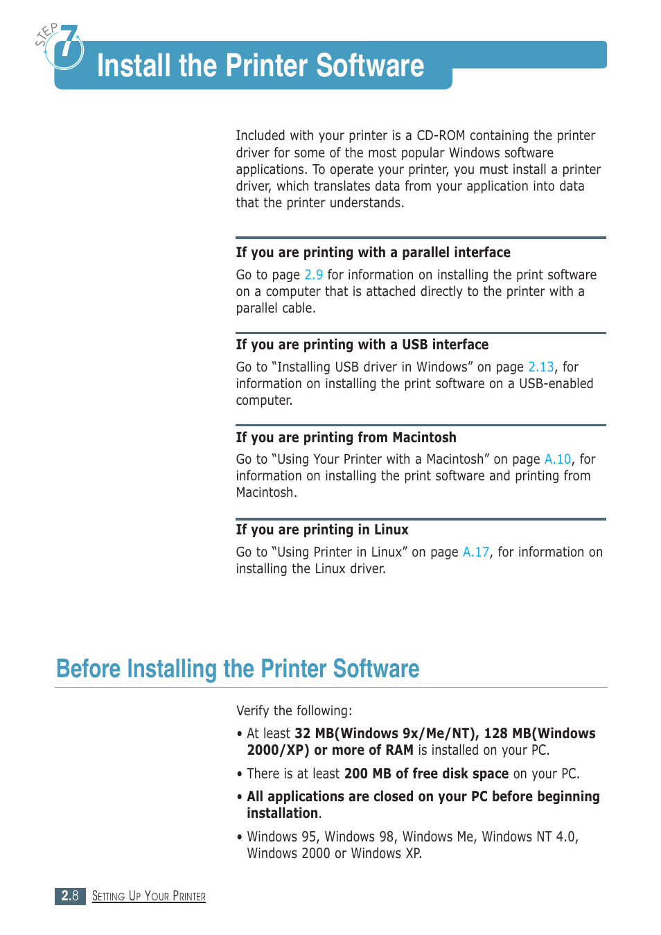 Install the printer software, Before installing the printer software, Step 7 : install the printer software | Samsung ML-1430 User Manual | Page 23 / 143