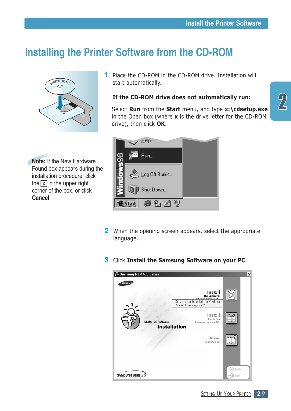 Installing the printer software from the cd-rom, Install the printer software | Samsung ML-1430 User Manual | Page 24 / 143