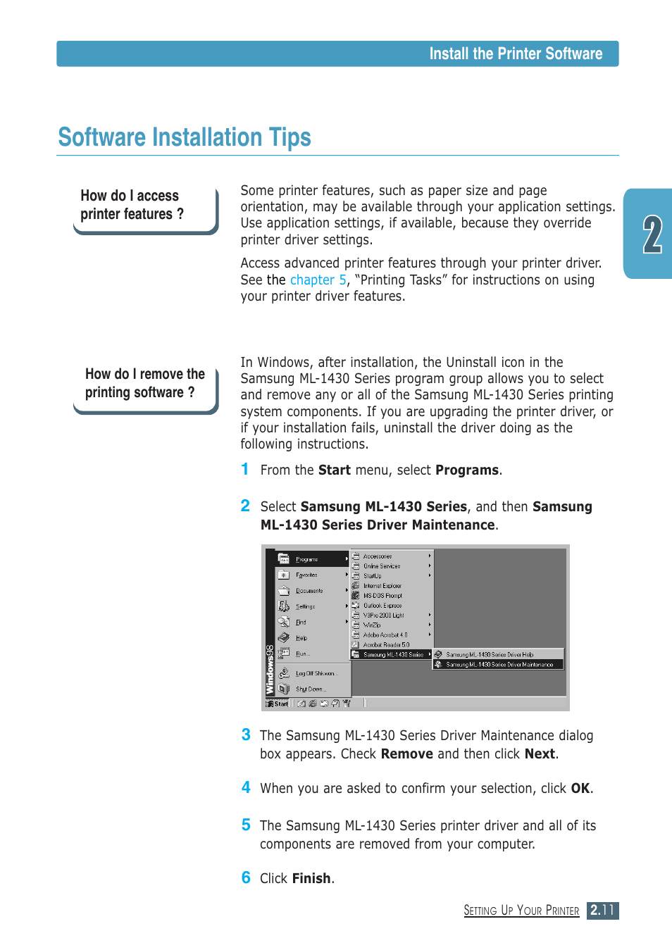 Software installation tips, Install the printer software 3 | Samsung ML-1430 User Manual | Page 26 / 143