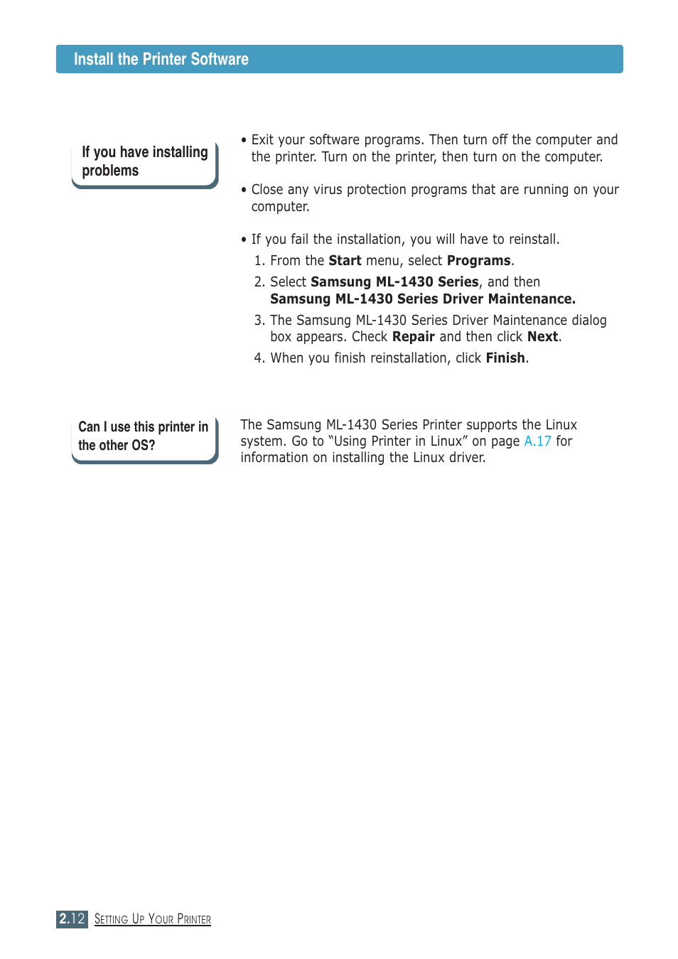Install the printer software | Samsung ML-1430 User Manual | Page 27 / 143