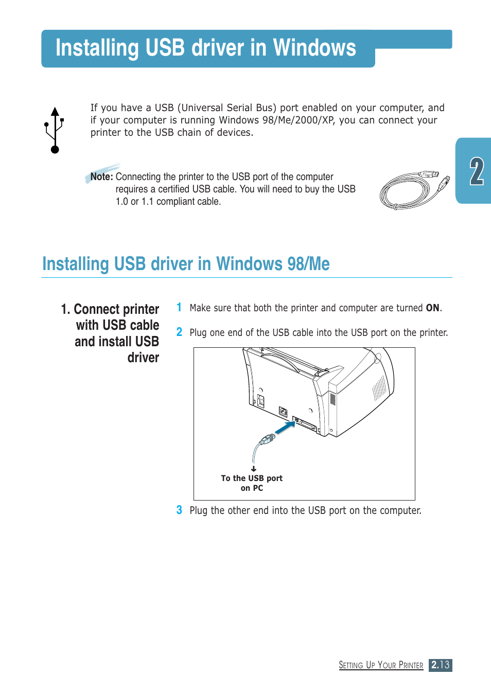 Installing usb driver in windows, Installing usb driver in windows 98/me, Installing usb driver in windows ––––––––––– 2.13 | Samsung ML-1430 User Manual | Page 28 / 143